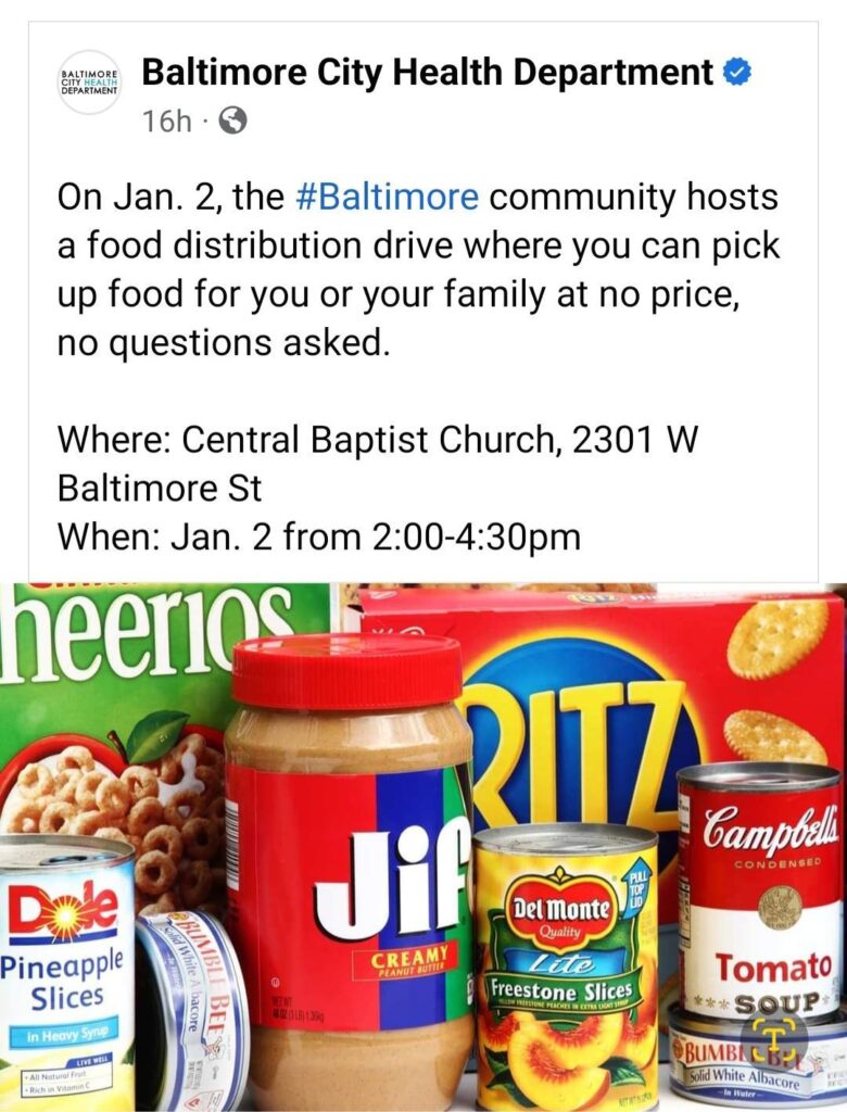 Food Distribution - Central Baptist Church - 2301 W. Baltimore St - Jan 2. 2024 2 PM to 4:30 PM